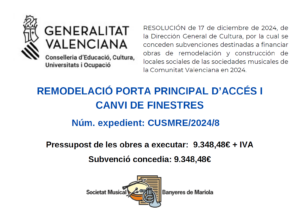 Read more about the article Subvenció Generalitat Valenciana remodelació porta principal d’accés i canvi de finestres.